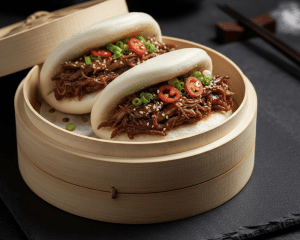 לחמניות באן מאודות במילוי בשר מפורק מהצומח ברוטב אסיאתי עשיר עם צ'ילי ושומשום