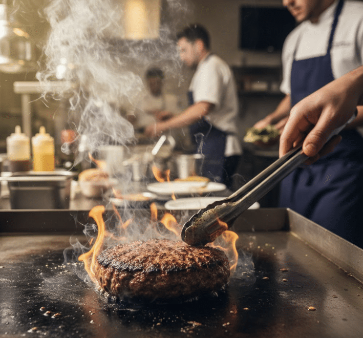 המבורגר טבעוני פרימיום נצלה על פלנצ'ה לוהטת במטבח מקצועי, עם סימני צריבה מושלמים ולהבות