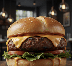 צילום תקריב של המבורגר מן הצומח עסיסי עם גבינה טבעונית נמסה, חסה, עגבנייה ולחמניית בריוש קלויה במסעדה