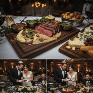 שולחן חתונה יוקרתי עם פלאנק סטייק של רידיפיין מיט, מוגש לצד פירה, רטבים וגבינות