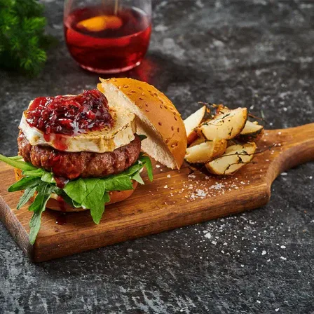 Burger with Cranberry, Onion Jam and Goat's Cheese