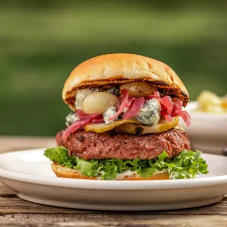 Redefine Burger mit Blauschimmelkäse und karamellisierten Birnen