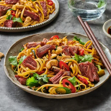 Asiatische Knoblauchnudeln mit Redefine Flank Steak