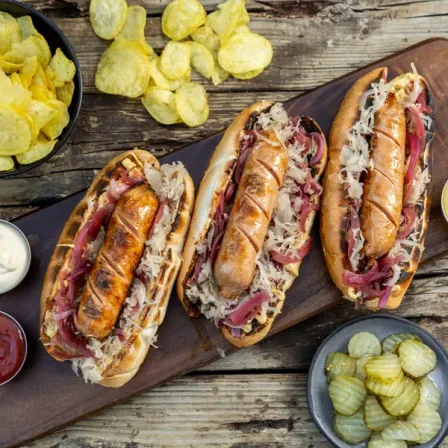 Gegrillte Bratwurst im Hotdog Brötchen