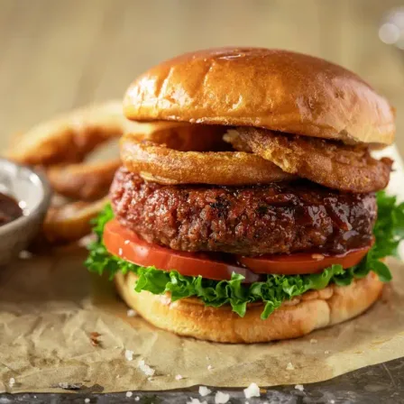 Redefine Burger mit knusprigen Zwiebelringen & BBQ-Sauce