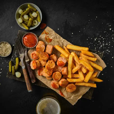 SAUCISSE AU CURRY ACCOMPAGNÉE DE FRITES BELGES