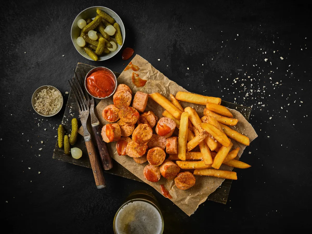 New-meat Currywurst with Belgian Fries