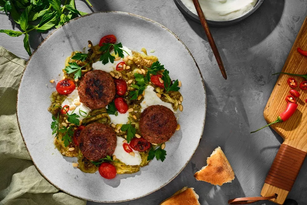 LAMB KOFTA WITH CHARRED EGGPLANT AND YOGURT