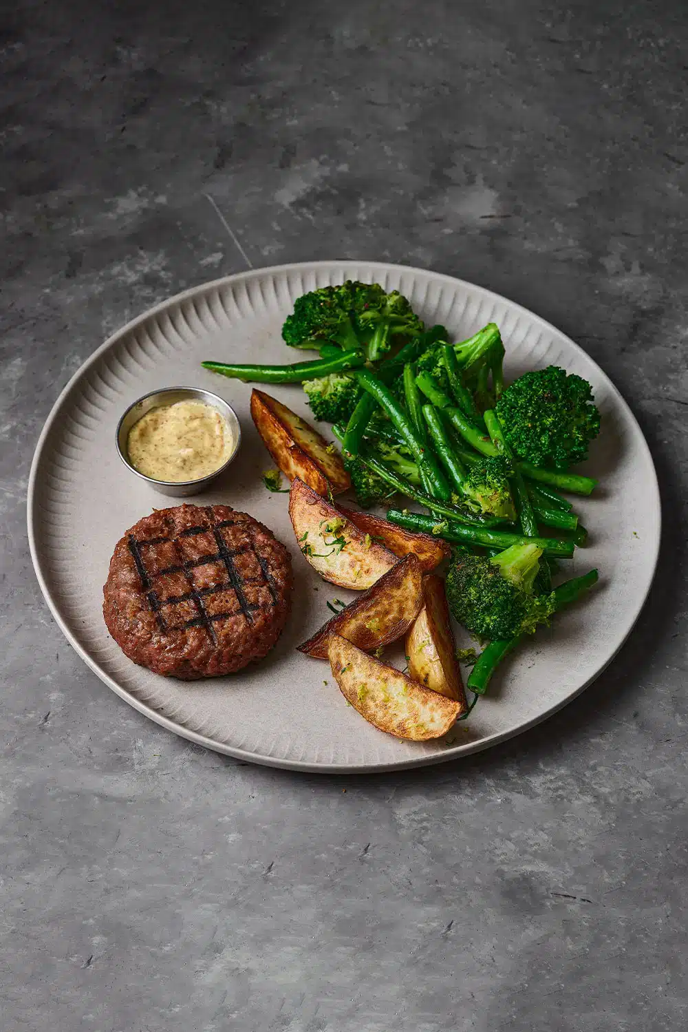 Redefine Burgers with Broccoli, Green Beans, Potatoes and Aioli