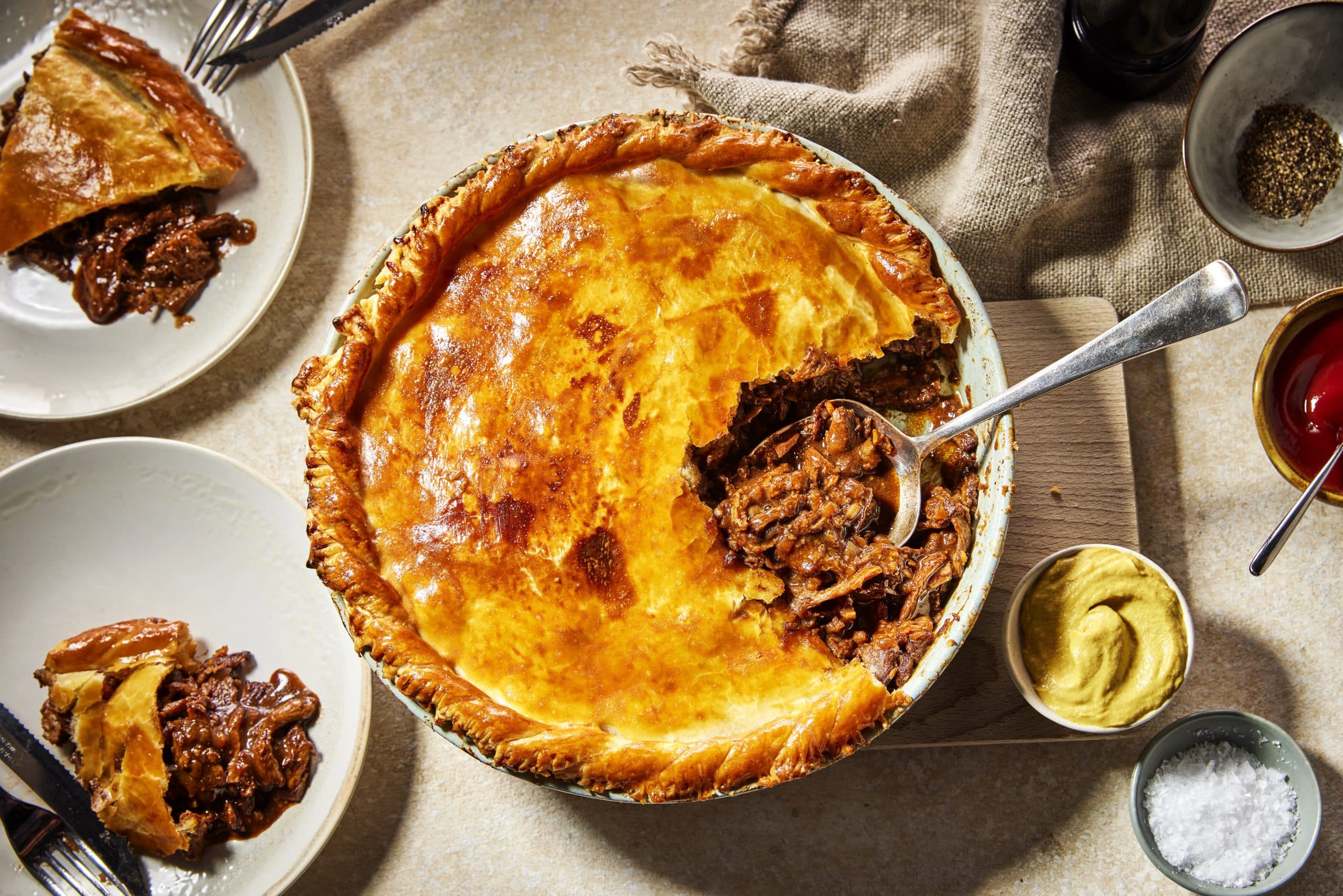 STEAK AND ALE PIE With Redefine Pulled Beef Filling